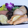 Teriyaki Beef, Garlic Chicken, Grilled Salmon