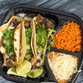 3 Cheesy Tacos ( any meat) rice / beans